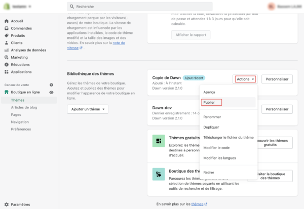 Publier un theme shopify dupliqué